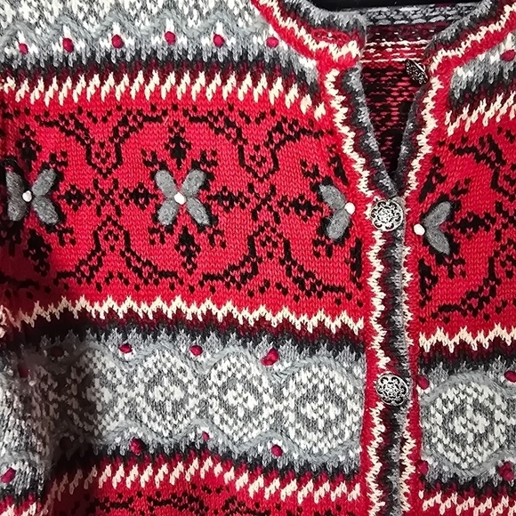 Vintage Talbots Red Gray Striped Fair Isle Embroidered Button Cardigan Sweater - Picture 3 of 6